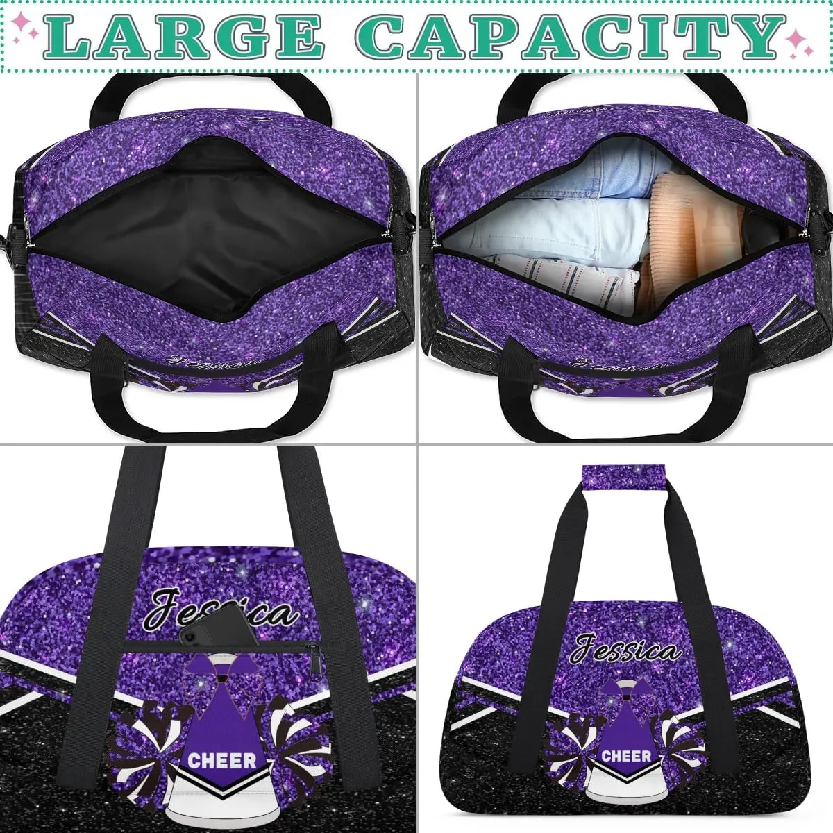 Custom Cheer Sport Duffel Bags Personalized Cheerleader Bag with Name Customized Gymnastics Dance Travel Bag Dance Bag Overnight Weekender Bags, Deep Purple