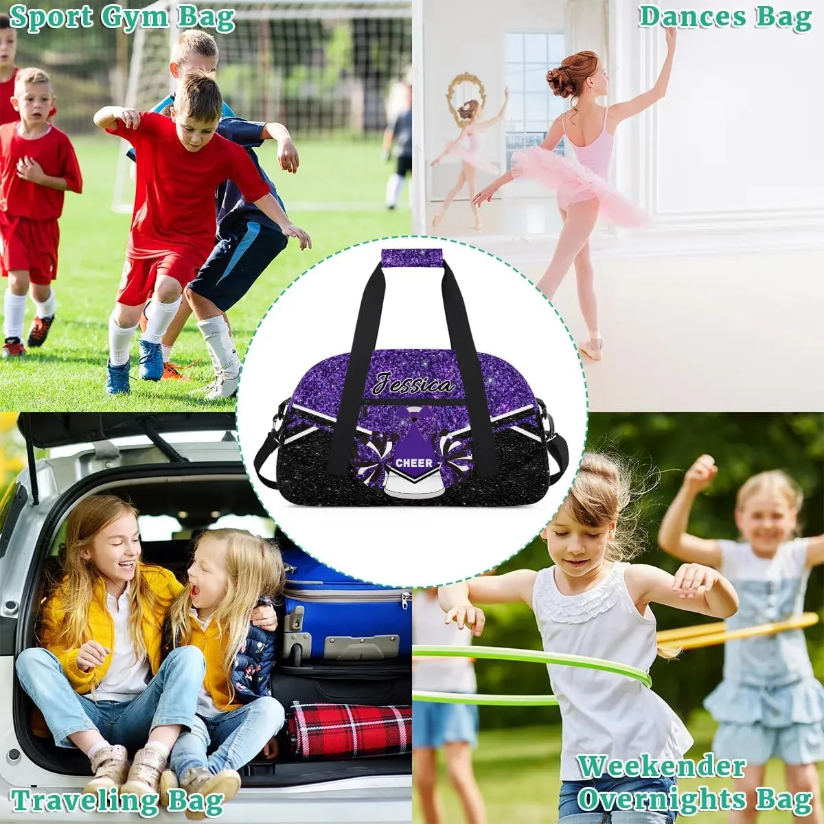 Custom Cheer Sport Duffel Bags Personalized Cheerleader Bag with Name Customized Gymnastics Dance Travel Bag Dance Bag Overnight Weekender Bags, Deep Purple