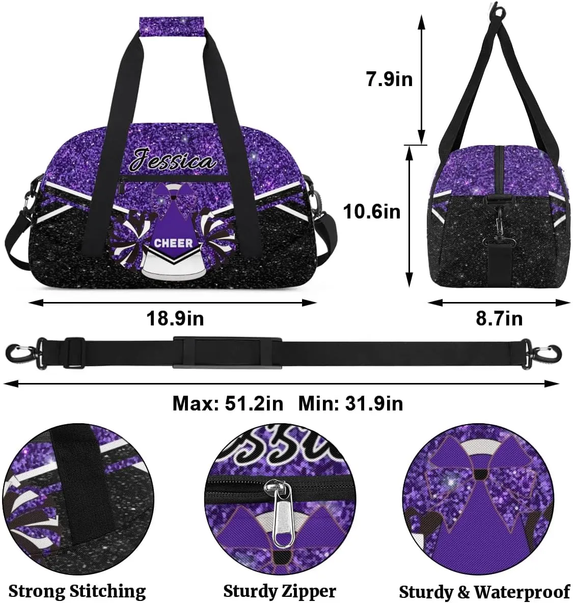 Custom Cheer Sport Duffel Bags Personalized Cheerleader Bag with Name Customized Gymnastics Dance Travel Bag Dance Bag Overnight Weekender Bags, Deep Purple