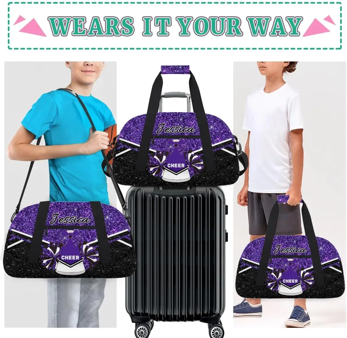 Custom Cheer Sport Duffel Bags Personalized Cheerleader Bag with Name Customized Gymnastics Dance Travel Bag Dance Bag Overnight Weekender Bags, Deep Purple
