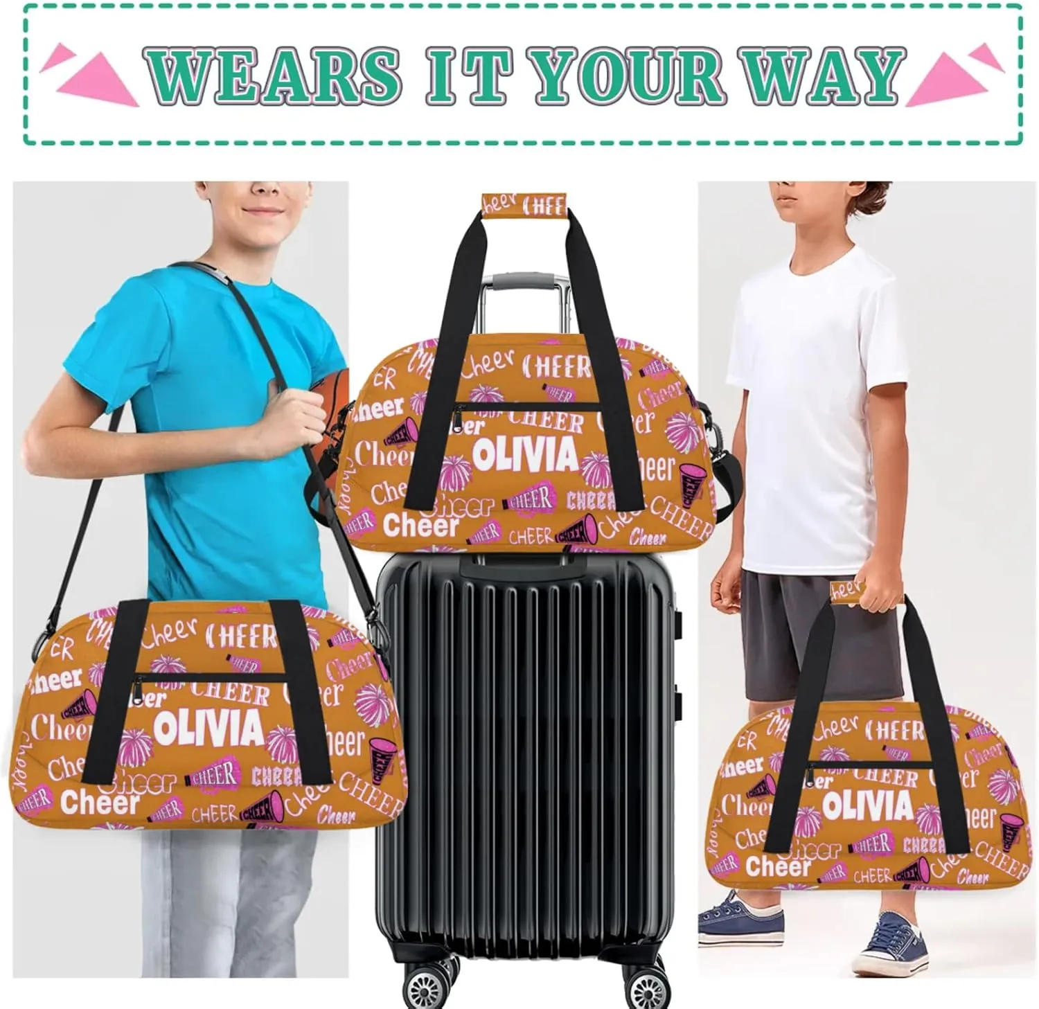 Custom Cheerleading Dance Bag with Name, Personalized Pink Cheer Pom Poms Sports Bag for Teens Waterproof Weekender Carry Practice Travel Bag, Light Chocolate Color Background
