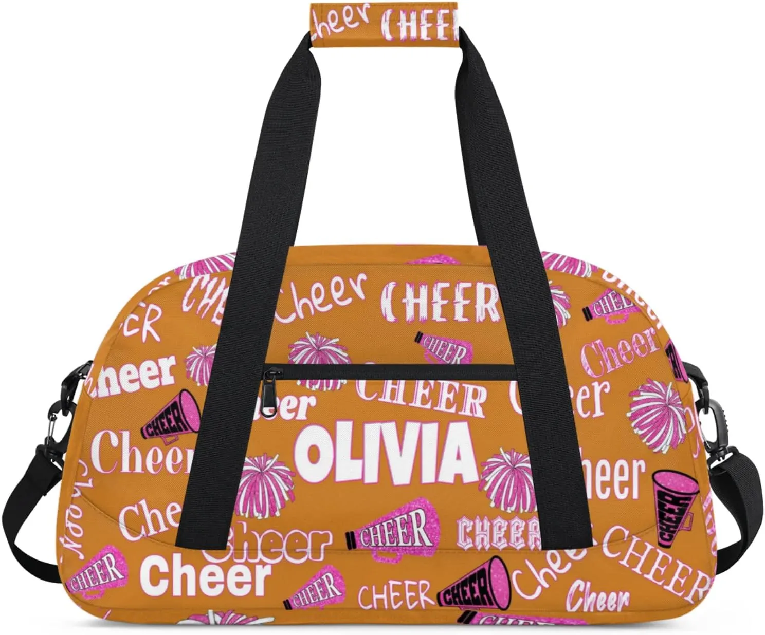 Custom Cheerleading Dance Bag with Name, Personalized Pink Cheer Pom Poms Sports Bag for Teens Waterproof Weekender Carry Practice Travel Bag, Light Chocolate Color Background
