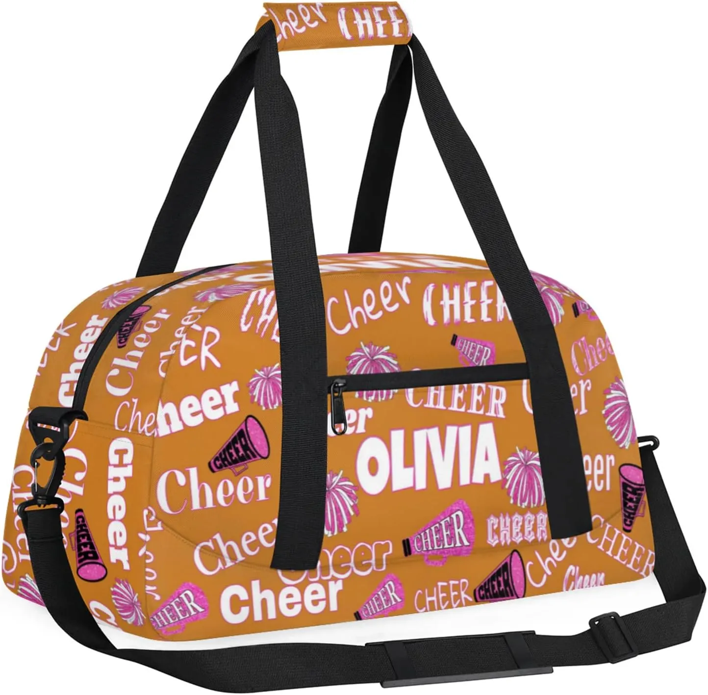 Custom Cheerleading Dance Bag with Name, Personalized Pink Cheer Pom Poms Sports Bag for Teens Waterproof Weekender Carry Practice Travel Bag, Light Chocolate Color Background