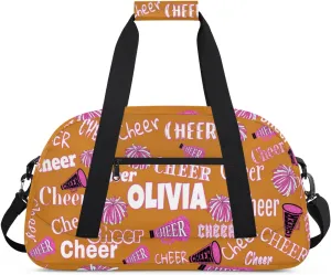 Custom Cheerleading Dance Bag with Name, Personalized Pink Cheer Pom Poms Sports Bag for Teens Waterproof Weekender Carry Practice Travel Bag, Light Chocolate Color Background