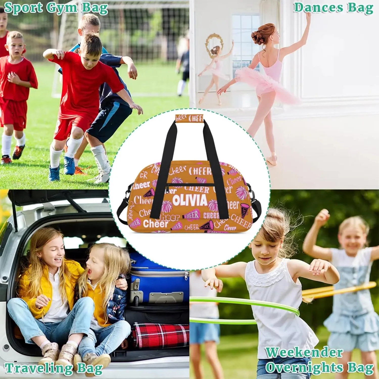 Custom Cheerleading Dance Bag with Name, Personalized Pink Cheer Pom Poms Sports Bag for Teens Waterproof Weekender Carry Practice Travel Bag, Light Chocolate Color Background