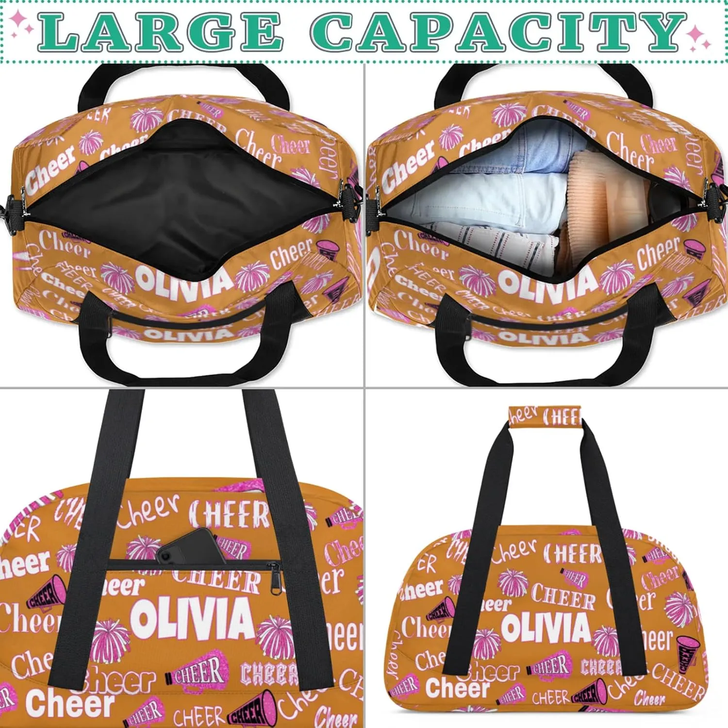 Custom Cheerleading Dance Bag with Name, Personalized Pink Cheer Pom Poms Sports Bag for Teens Waterproof Weekender Carry Practice Travel Bag, Light Chocolate Color Background