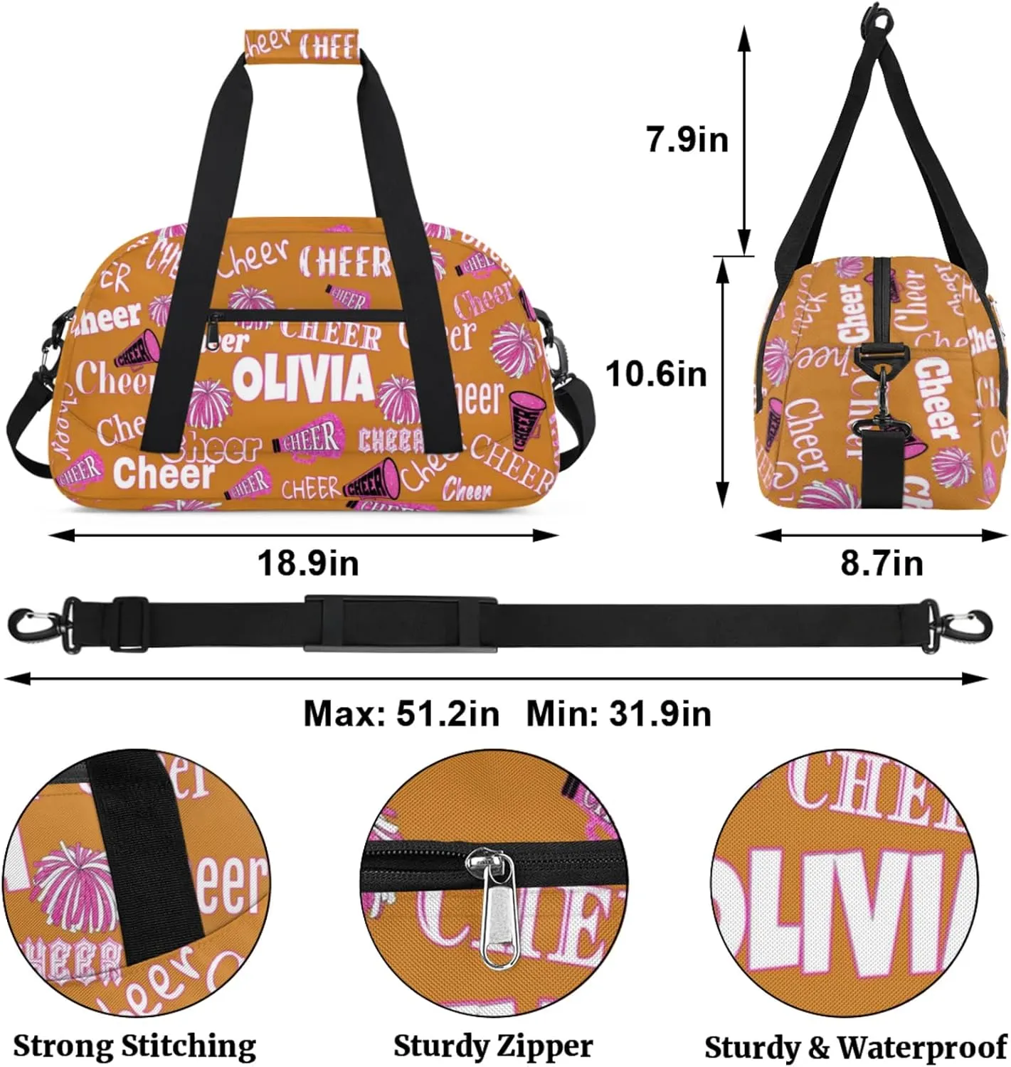 Custom Cheerleading Dance Bag with Name, Personalized Pink Cheer Pom Poms Sports Bag for Teens Waterproof Weekender Carry Practice Travel Bag, Light Chocolate Color Background