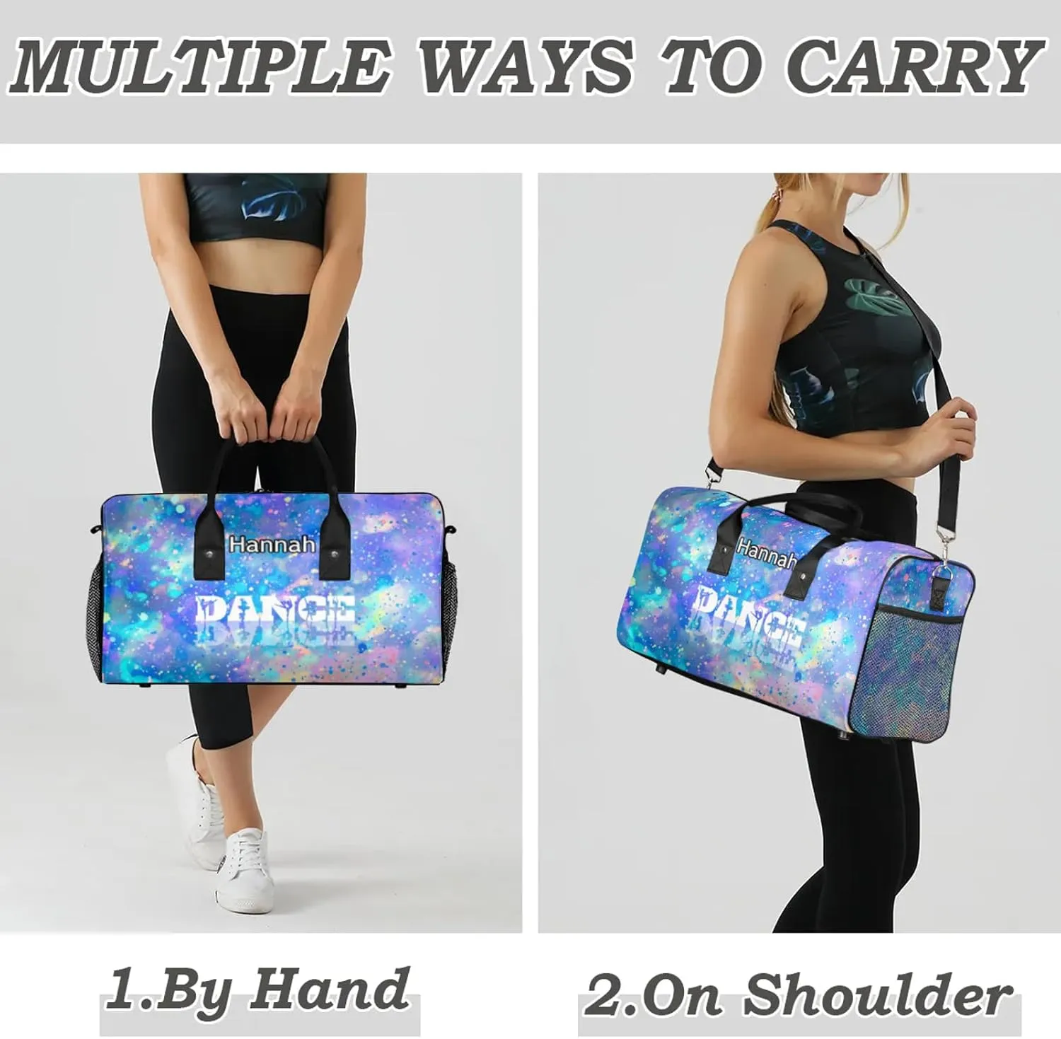 Custom Dance Duffel Bag with Name Personalized Dance Ballet Bags Waterproof Customized Travel Bag Carry-On Tote 17.4in, Colorful Glitter