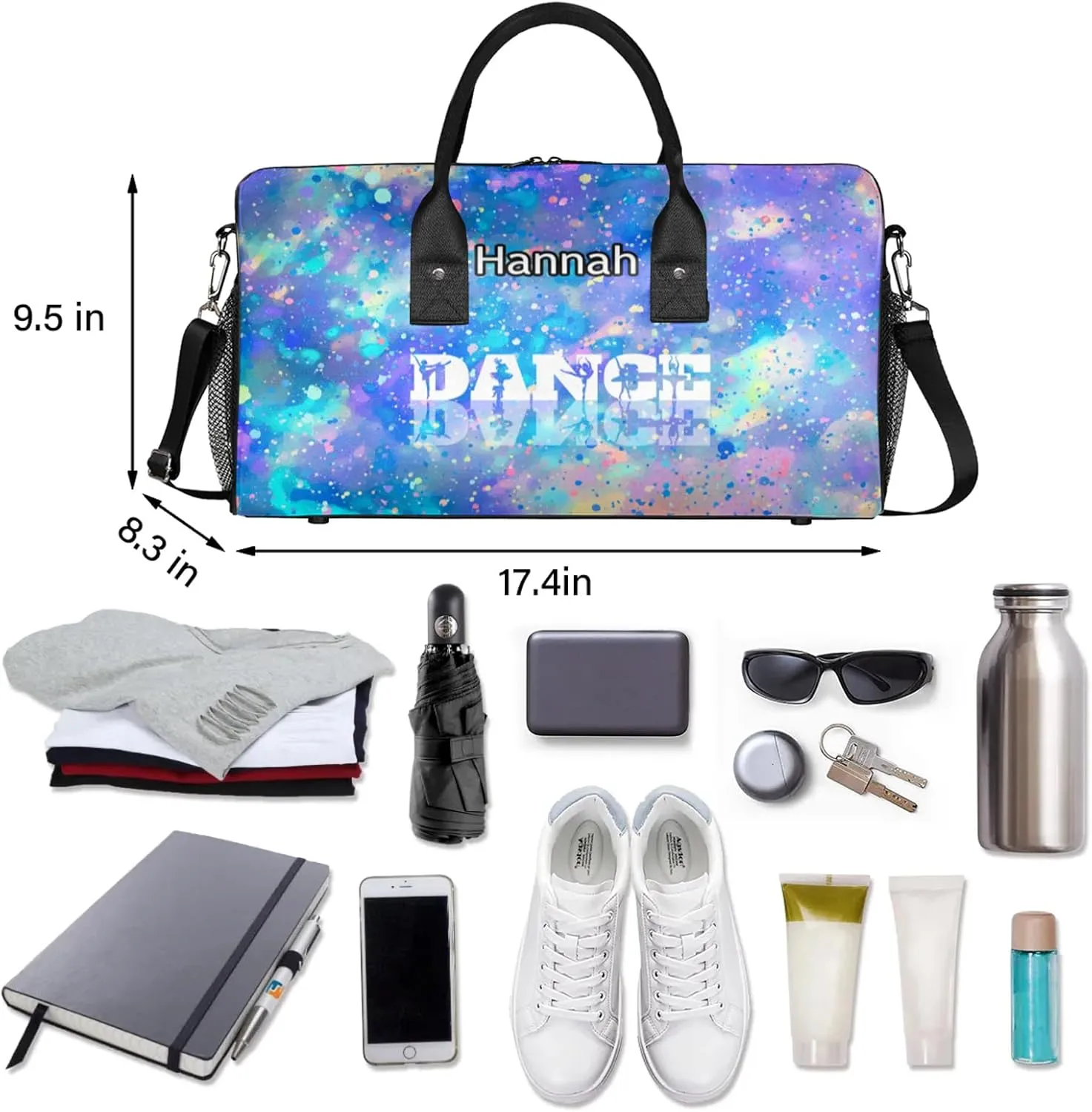 Custom Dance Duffel Bag with Name Personalized Dance Ballet Bags Waterproof Customized Travel Bag Carry-On Tote 17.4in, Colorful Glitter