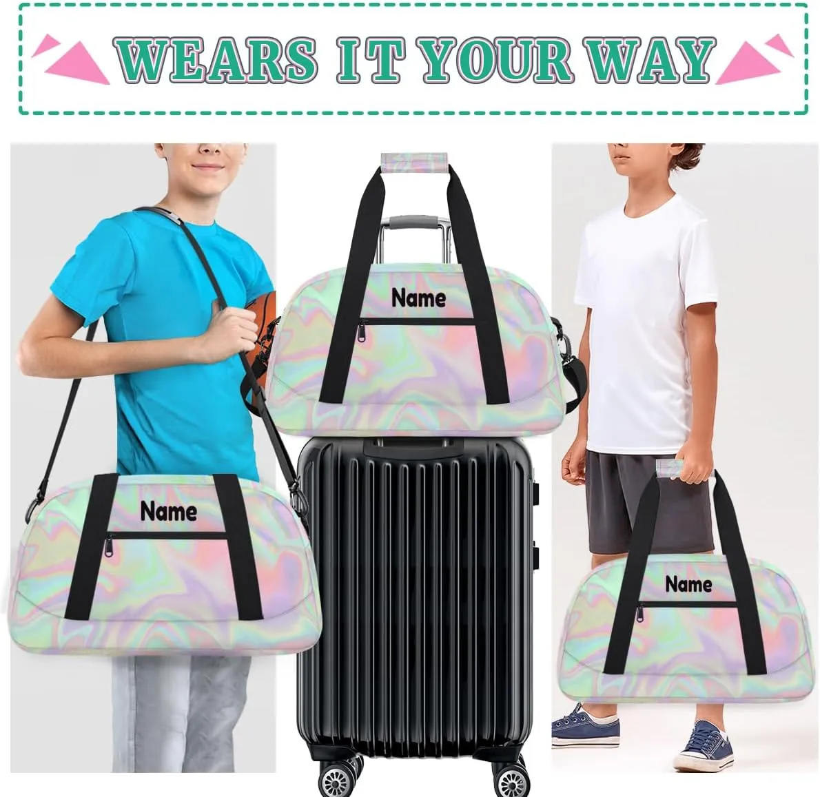 Custom Dance Gym Bag with Name, Personalized Dancing Ballet Bag Travel Overnight Small Duffel Bag Gymnastics Swimming Sleepover Overnight Sports Bag, Gradient Purple Green Shiny Effect