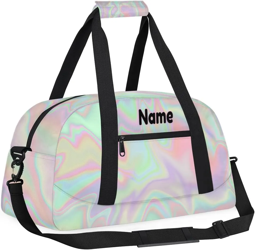 Custom Dance Gym Bag with Name, Personalized Dancing Ballet Bag Travel Overnight Small Duffel Bag Gymnastics Swimming Sleepover Overnight Sports Bag, Gradient Purple Green Shiny Effect