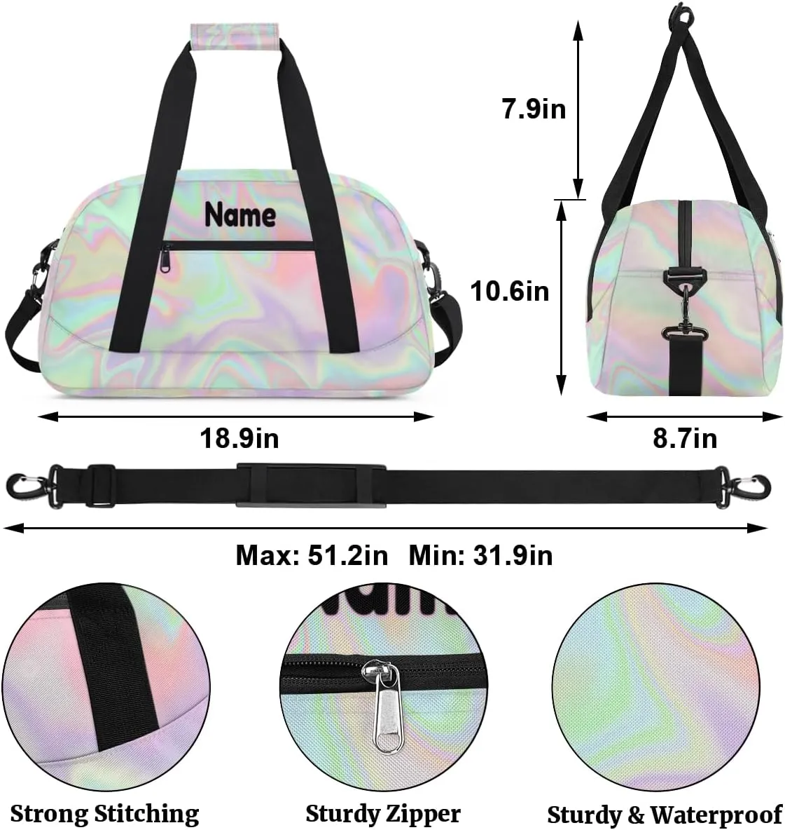 Custom Dance Gym Bag with Name, Personalized Dancing Ballet Bag Travel Overnight Small Duffel Bag Gymnastics Swimming Sleepover Overnight Sports Bag, Gradient Purple Green Shiny Effect