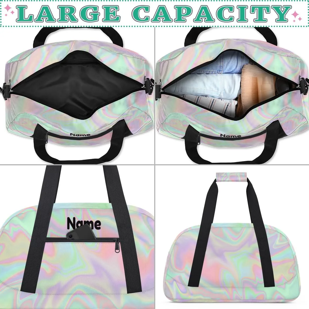 Custom Dance Gym Bag with Name, Personalized Dancing Ballet Bag Travel Overnight Small Duffel Bag Gymnastics Swimming Sleepover Overnight Sports Bag, Gradient Purple Green Shiny Effect