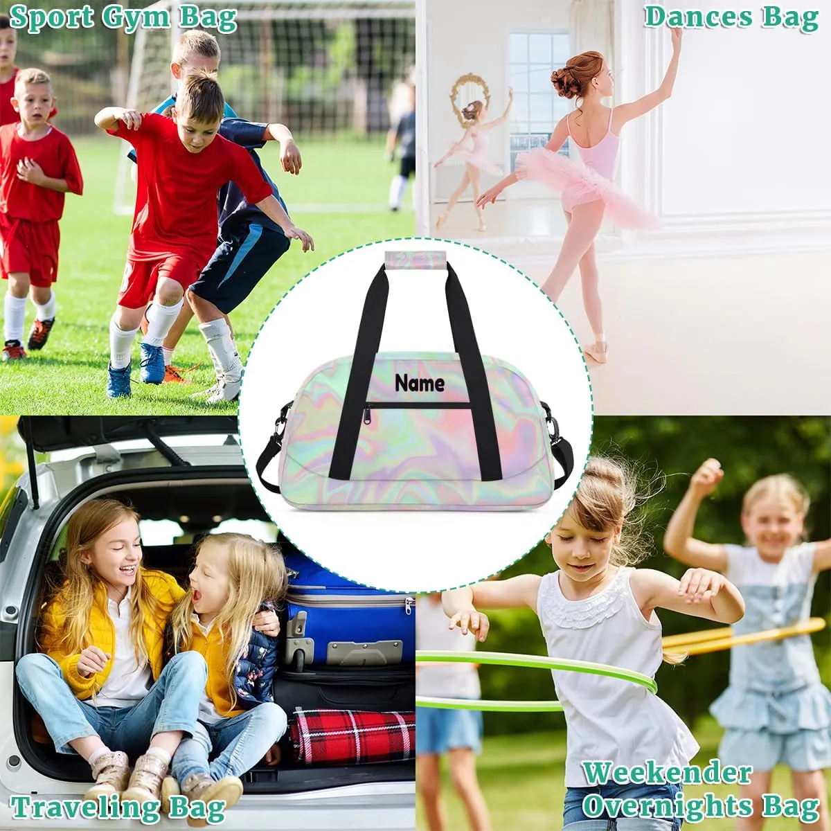 Custom Dance Gym Bag with Name, Personalized Dancing Ballet Bag Travel Overnight Small Duffel Bag Gymnastics Swimming Sleepover Overnight Sports Bag, Gradient Purple Green Shiny Effect