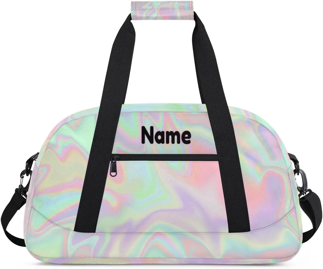 Custom Dance Gym Bag with Name, Personalized Dancing Ballet Bag Travel Overnight Small Duffel Bag Gymnastics Swimming Sleepover Overnight Sports Bag, Gradient Purple Green Shiny Effect