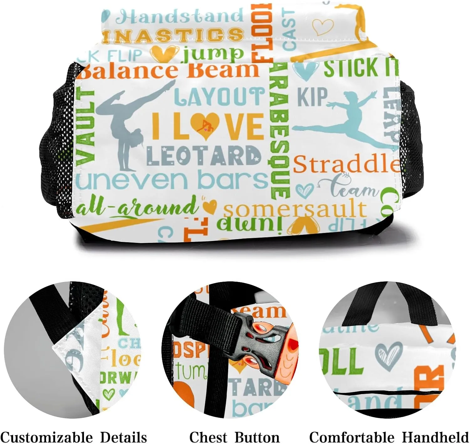 Custom Kid Backpack, Living the Gymnast Life Orange Green Personalized School Bookbag with Your Own Name, Customization Casual Bookbags for Student Girls Boys
