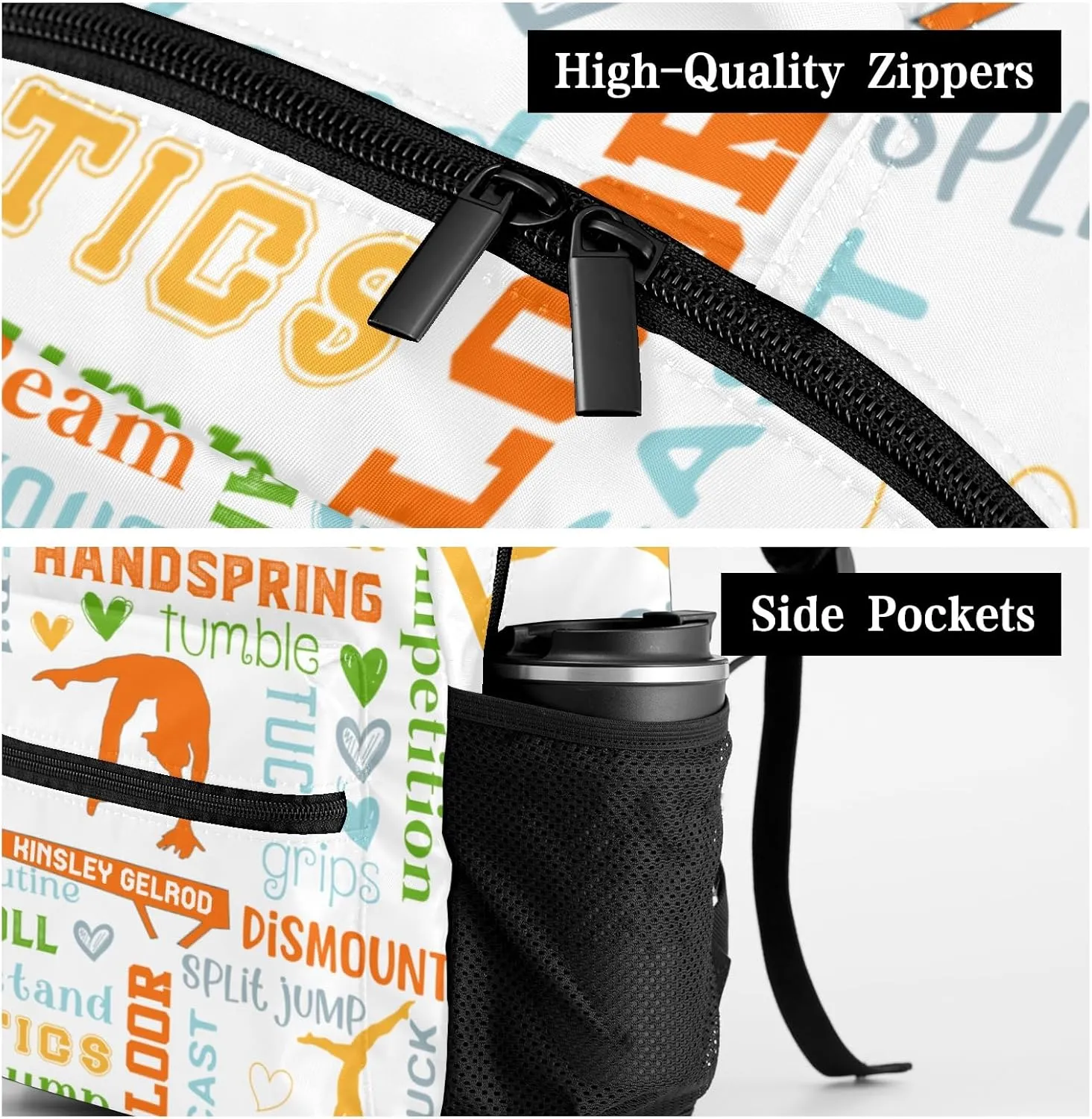 Custom Kid Backpack, Living the Gymnast Life Orange Green Personalized School Bookbag with Your Own Name, Customization Casual Bookbags for Student Girls Boys