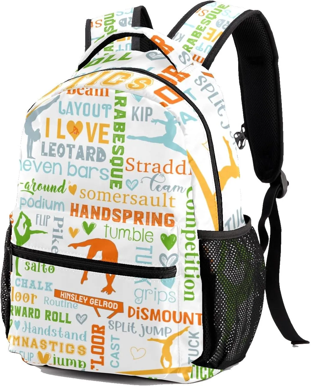 Custom Kid Backpack, Living the Gymnast Life Orange Green Personalized School Bookbag with Your Own Name, Customization Casual Bookbags for Student Girls Boys