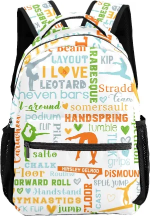 Custom Kid Backpack, Living the Gymnast Life Orange Green Personalized School Bookbag with Your Own Name, Customization Casual Bookbags for Student Girls Boys