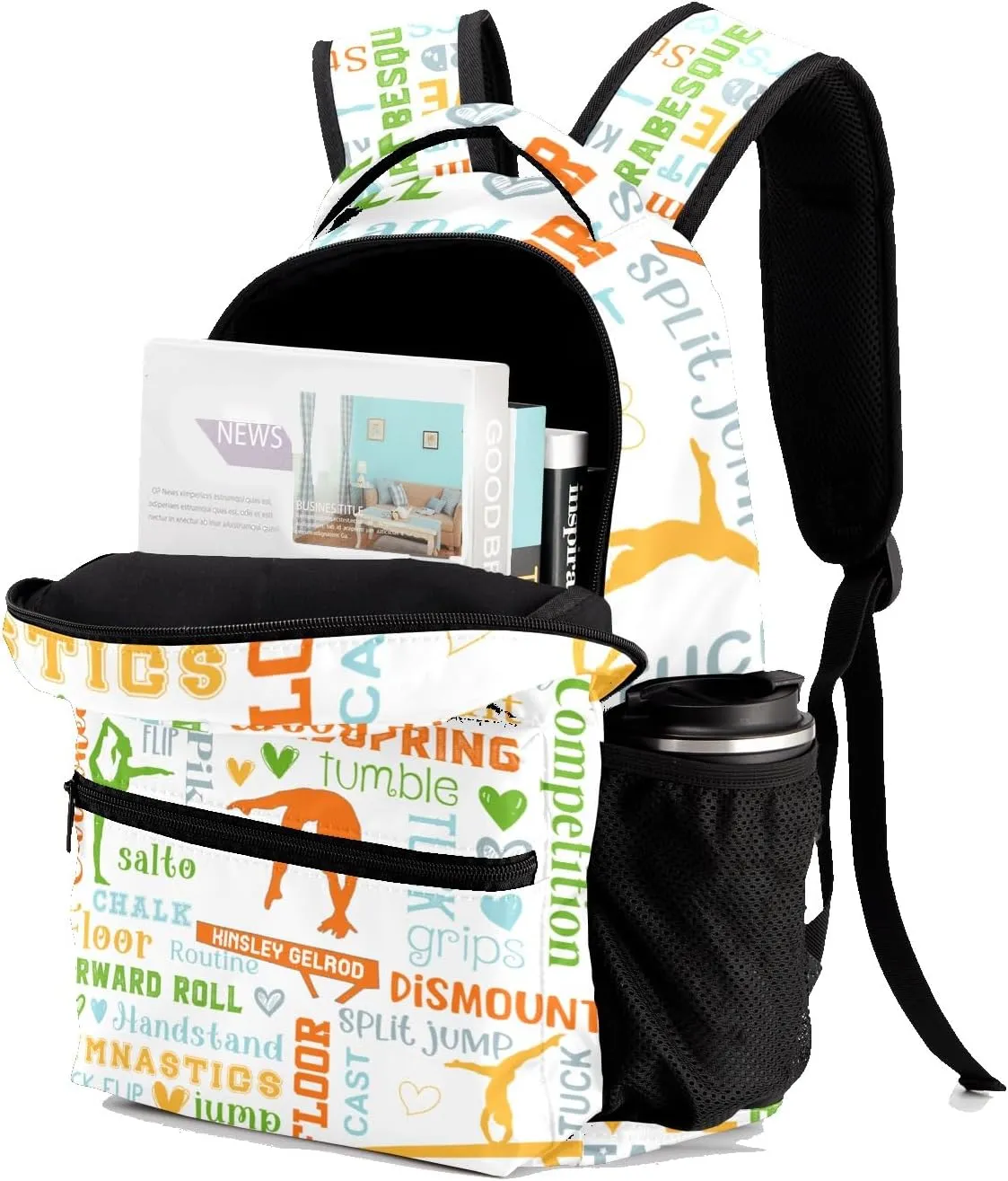 Custom Kid Backpack, Living the Gymnast Life Orange Green Personalized School Bookbag with Your Own Name, Customization Casual Bookbags for Student Girls Boys