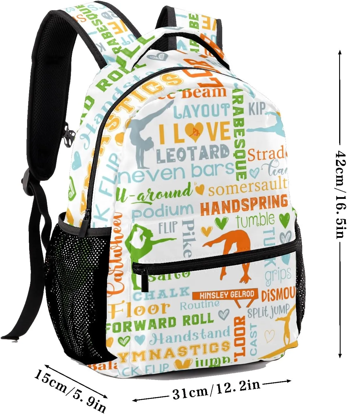 Custom Kid Backpack, Living the Gymnast Life Orange Green Personalized School Bookbag with Your Own Name, Customization Casual Bookbags for Student Girls Boys