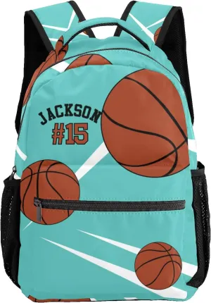 Custom Kid Backpack, Sport Basketball Player Team Aqua Personalized School Bookbag with Your Own Name, Customization Casual Bookbags for Student Girls Boys
