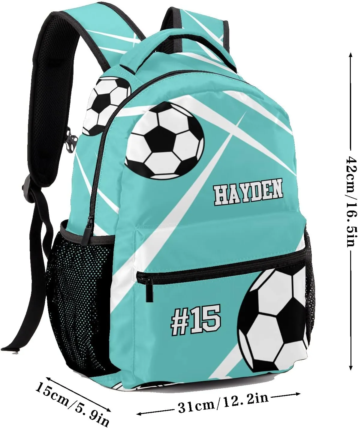 Custom Kid Backpack, Sport Soccer Player Number Team Name Teal Personalized School Bookbag with Your Own Name, Customization Casual Bookbags for Student Girls Boys