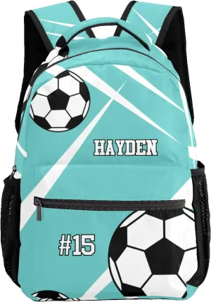 Custom Kid Backpack, Sport Soccer Player Number Team Name Teal Personalized School Bookbag with Your Own Name, Customization Casual Bookbags for Student Girls Boys