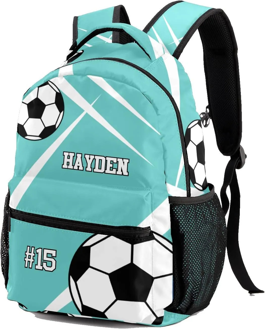 Custom Kid Backpack, Sport Soccer Player Number Team Name Teal Personalized School Bookbag with Your Own Name, Customization Casual Bookbags for Student Girls Boys
