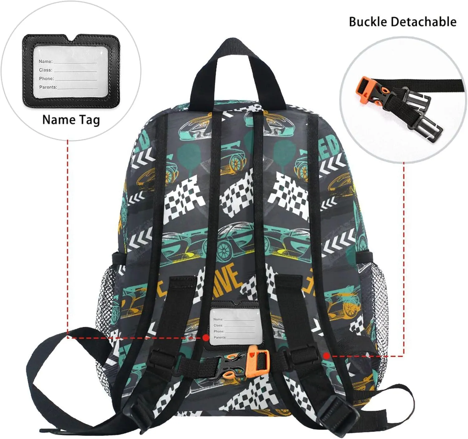 Custom Kids Toddler Backpack, Race Car Backpack for Boys Girls, Preschool School Children Schoolbag Nursery Junior Primary Student Travel Bag