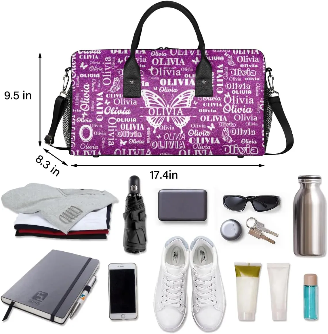 Custom Names Dance Gym Bag, Personalized Butterfly Dance Sport Duffel Gymnastics Bag Travel Weekender Outdoor Tote Carry-On Bag, Dark Magenta Glittering Background
