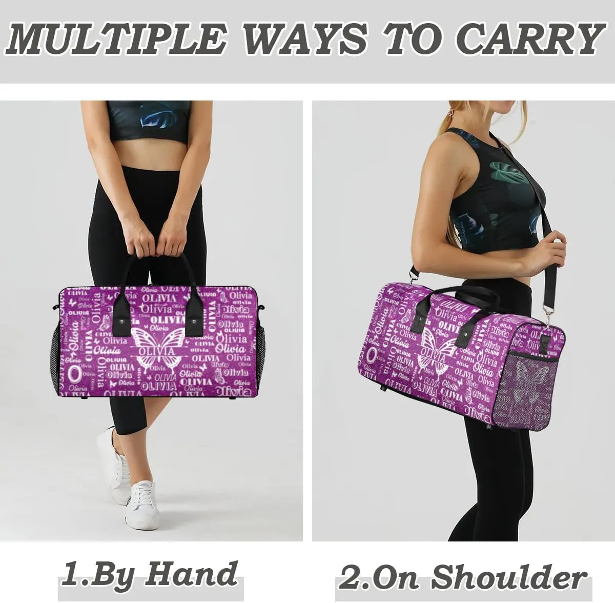 Custom Names Dance Gym Bag, Personalized Butterfly Dance Sport Duffel Gymnastics Bag Travel Weekender Outdoor Tote Carry-On Bag, Dark Magenta Glittering Background