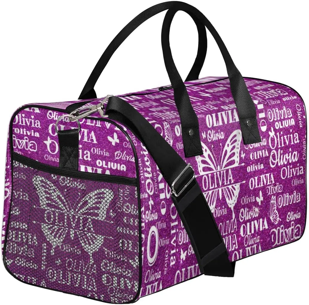 Custom Names Dance Gym Bag, Personalized Butterfly Dance Sport Duffel Gymnastics Bag Travel Weekender Outdoor Tote Carry-On Bag, Dark Magenta Glittering Background
