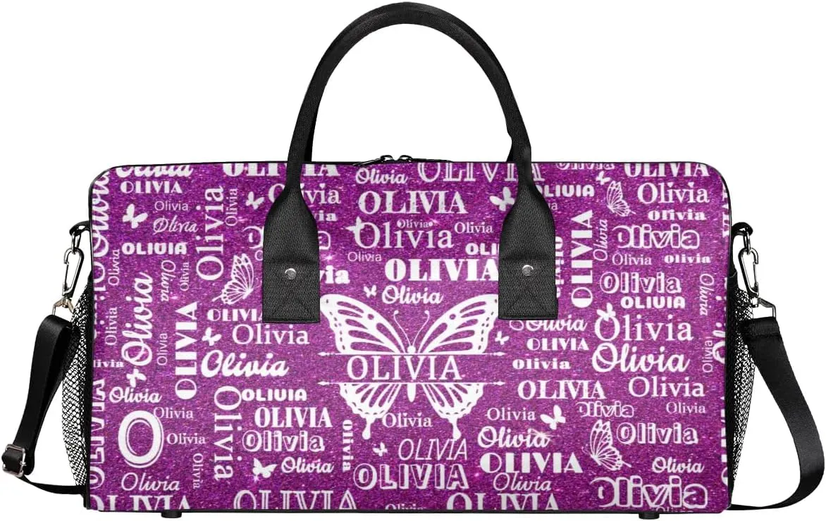 Custom Names Dance Gym Bag, Personalized Butterfly Dance Sport Duffel Gymnastics Bag Travel Weekender Outdoor Tote Carry-On Bag, Dark Magenta Glittering Background