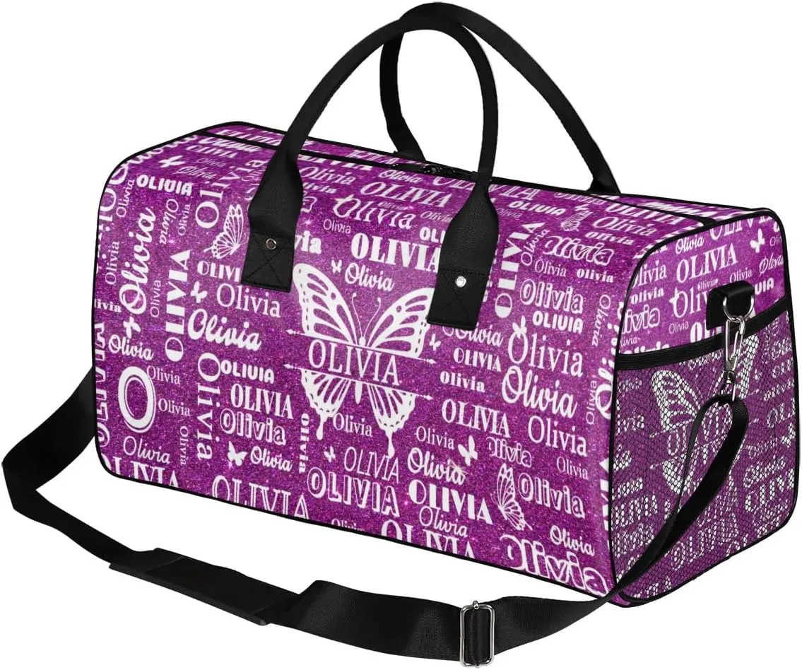 Custom Names Dance Gym Bag, Personalized Butterfly Dance Sport Duffel Gymnastics Bag Travel Weekender Outdoor Tote Carry-On Bag, Dark Magenta Glittering Background