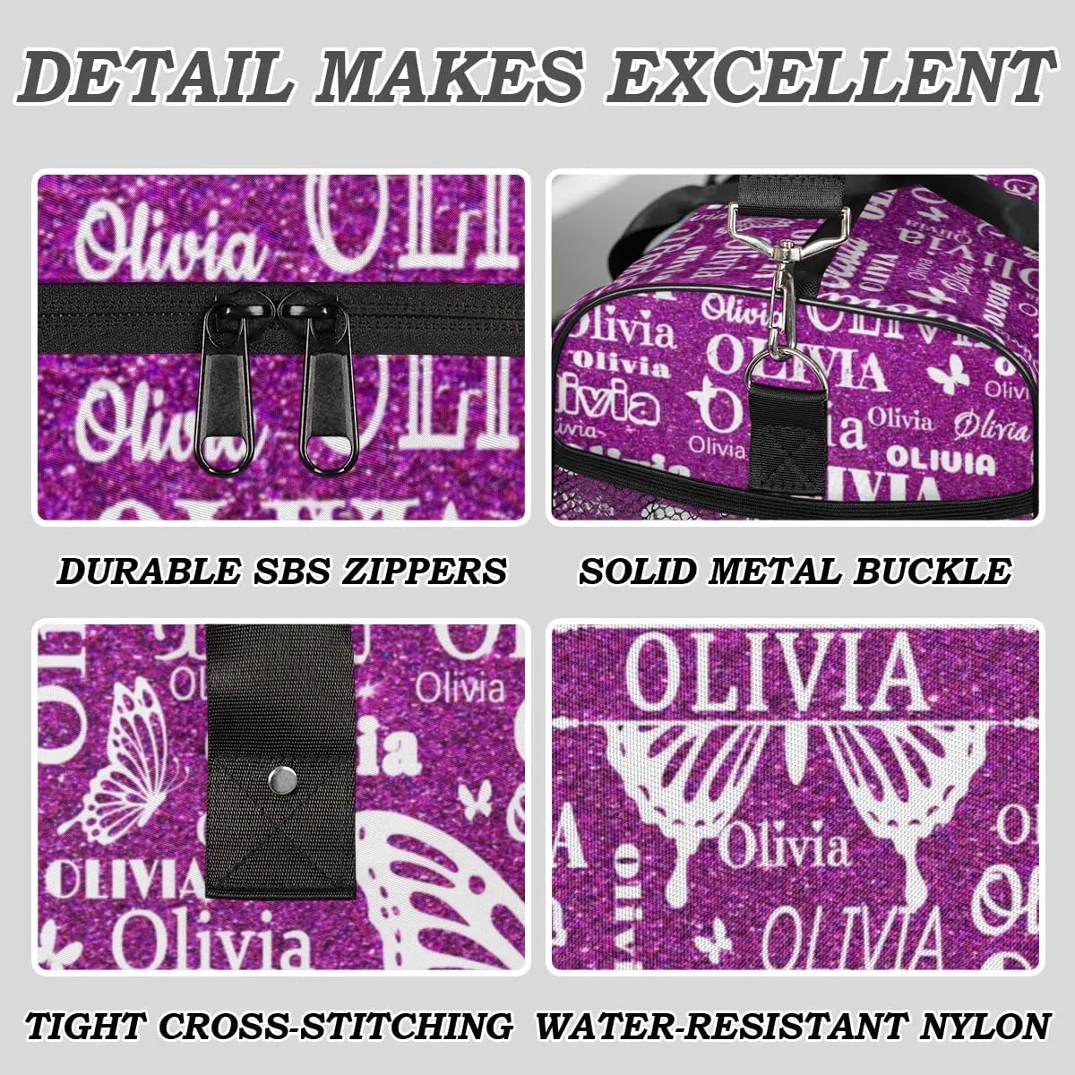 Custom Names Dance Gym Bag, Personalized Butterfly Dance Sport Duffel Gymnastics Bag Travel Weekender Outdoor Tote Carry-On Bag, Dark Magenta Glittering Background