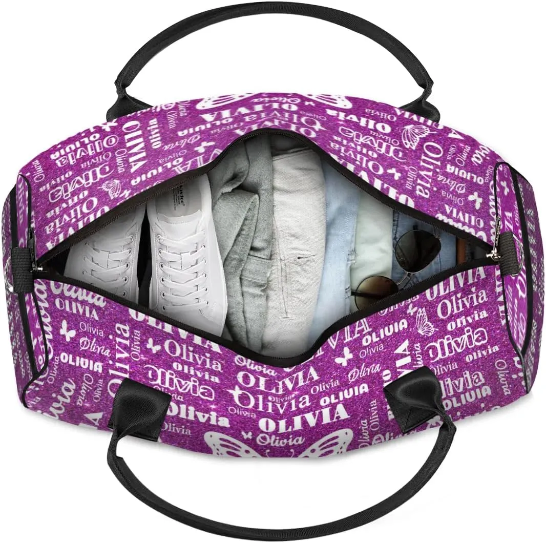 Custom Names Dance Gym Bag, Personalized Butterfly Dance Sport Duffel Gymnastics Bag Travel Weekender Outdoor Tote Carry-On Bag, Dark Magenta Glittering Background