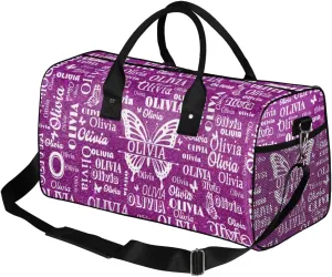 Custom Names Dance Gym Bag, Personalized Butterfly Dance Sport Duffel Gymnastics Bag Travel Weekender Outdoor Tote Carry-On Bag, Dark Magenta Glittering Background