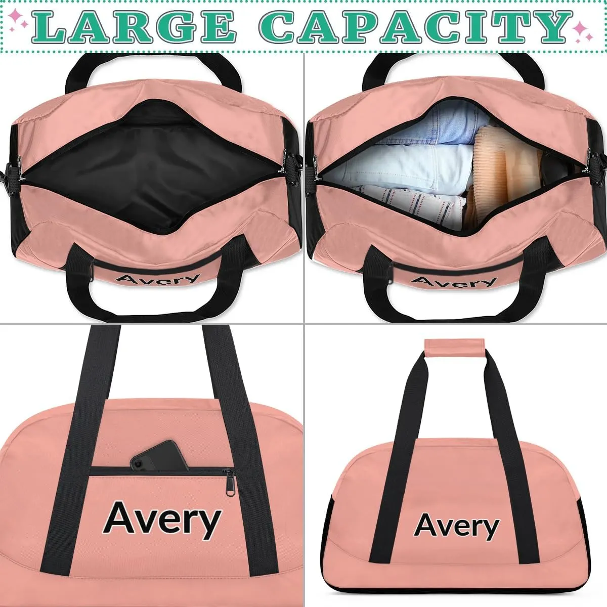 Custom Sport Gym Bags, Personalized Name Overnight Duffel Bags for Boys Girls Dance Weekender Bag Travel Tote Bags, Pale Pink