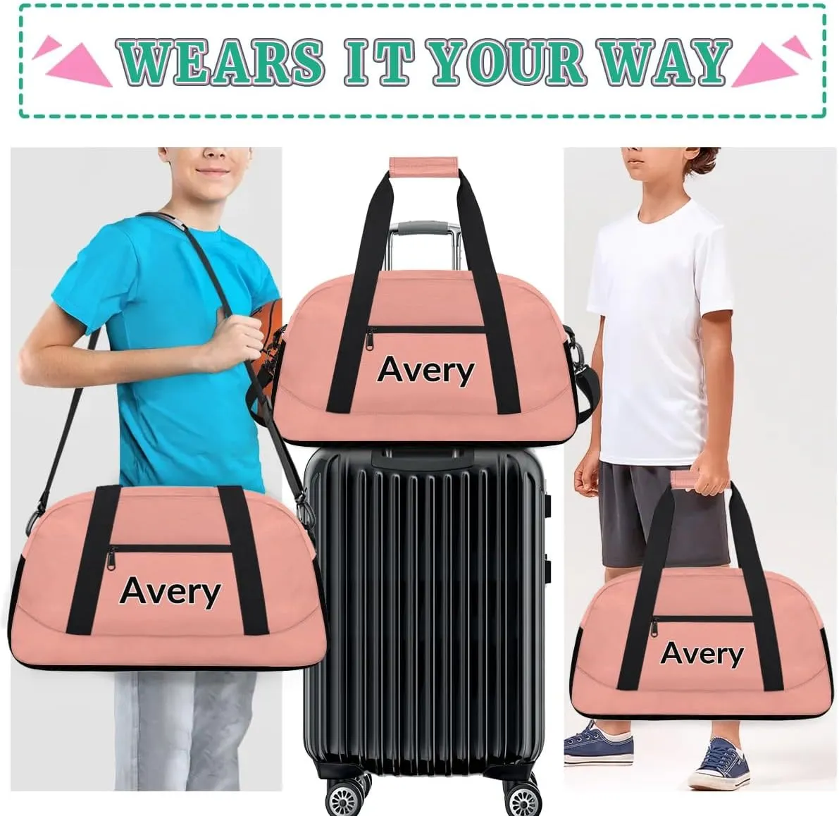 Custom Sport Gym Bags, Personalized Name Overnight Duffel Bags for Boys Girls Dance Weekender Bag Travel Tote Bags, Pale Pink