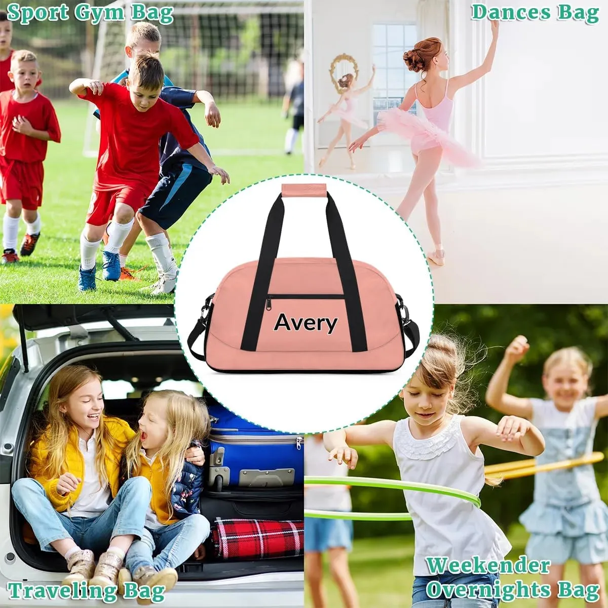 Custom Sport Gym Bags, Personalized Name Overnight Duffel Bags for Boys Girls Dance Weekender Bag Travel Tote Bags, Pale Pink