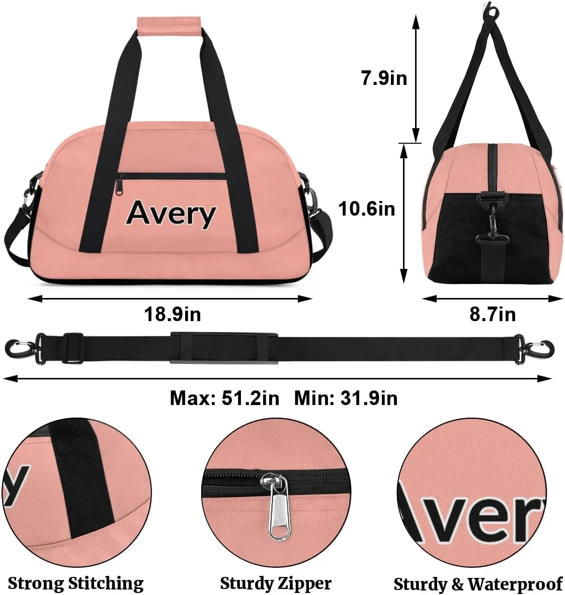 Custom Sport Gym Bags, Personalized Name Overnight Duffel Bags for Boys Girls Dance Weekender Bag Travel Tote Bags, Pale Pink