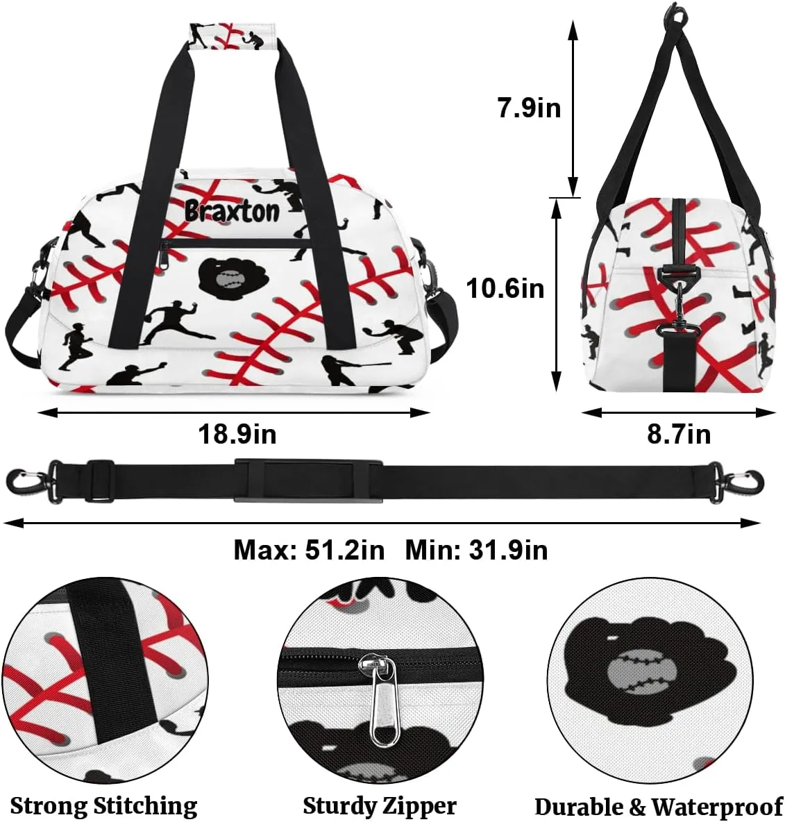 Custom Sports Gym Baseball Bag for Boys, Personalized Kids Training Bag Customized Travel Duffle Bag with Name Baseball Player Silhouette
