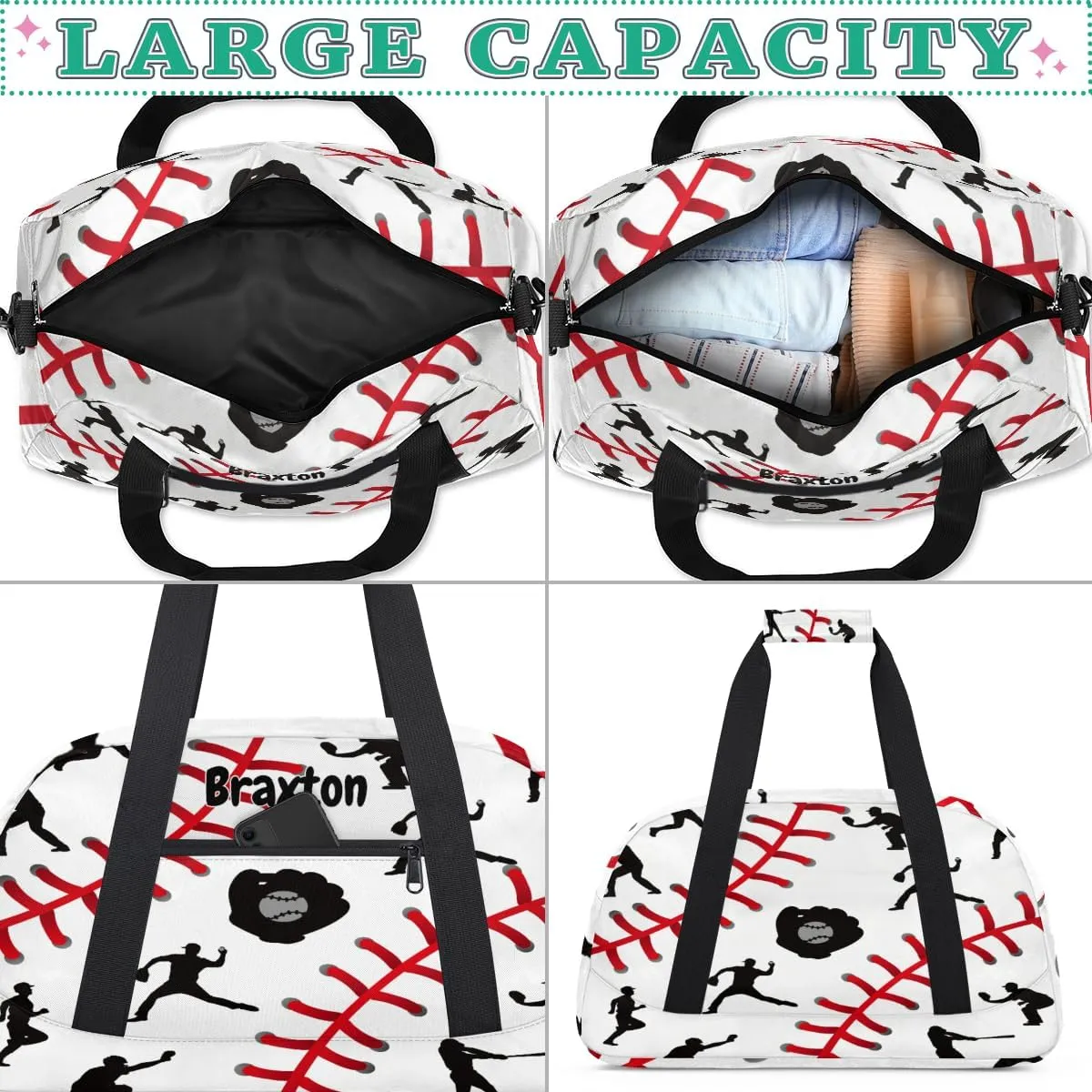 Custom Sports Gym Baseball Bag for Boys, Personalized Kids Training Bag Customized Travel Duffle Bag with Name Baseball Player Silhouette