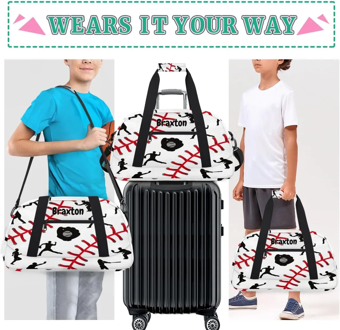 Custom Sports Gym Baseball Bag for Boys, Personalized Kids Training Bag Customized Travel Duffle Bag with Name Baseball Player Silhouette