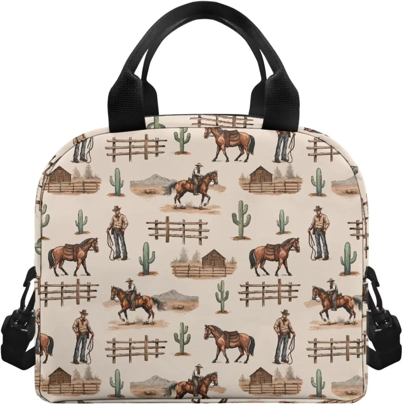 Custom Western Cowboy Lunch Bag Insulated Lunch Box for Kids Women Personalized Horse Southwestern Lunchbag Reusable Lunch Tote Bag Bento Cooler Bag Lunchbox for Boys Men School Picnic