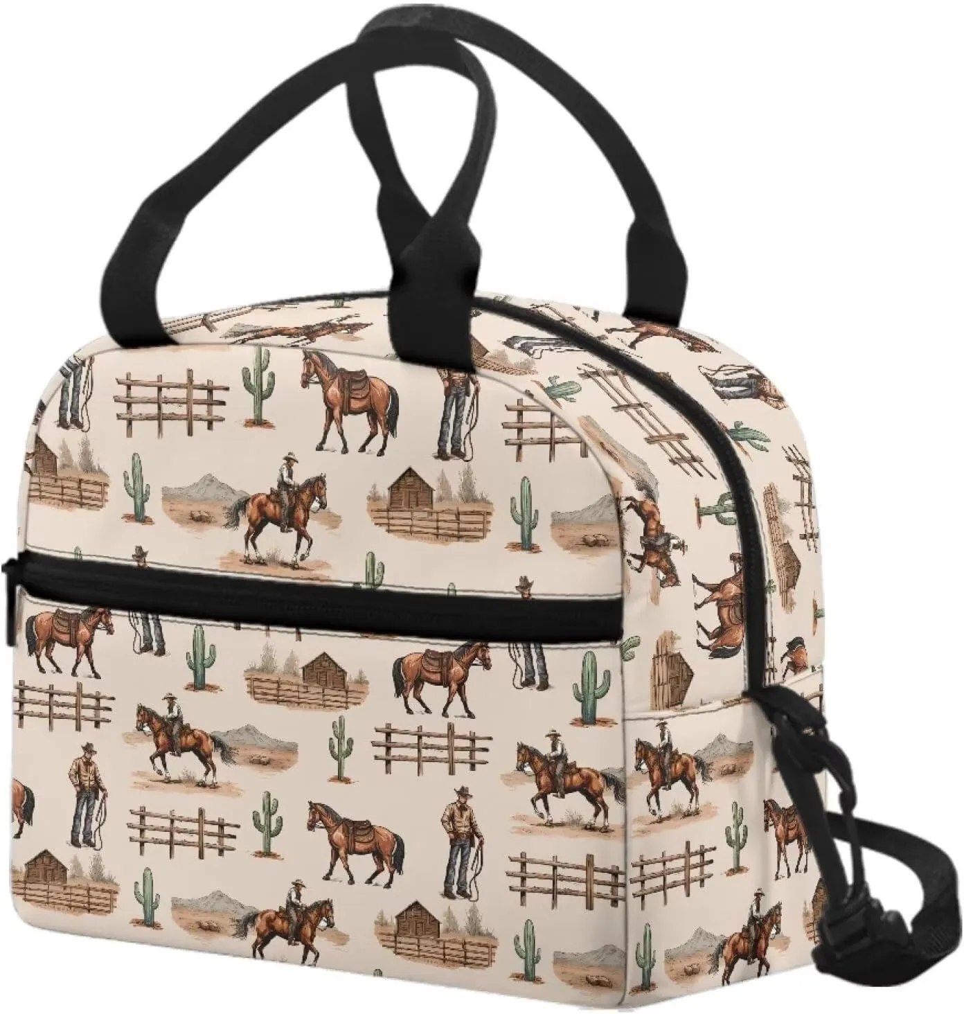 Custom Western Cowboy Lunch Bag Insulated Lunch Box for Kids Women Personalized Horse Southwestern Lunchbag Reusable Lunch Tote Bag Bento Cooler Bag Lunchbox for Boys Men School Picnic