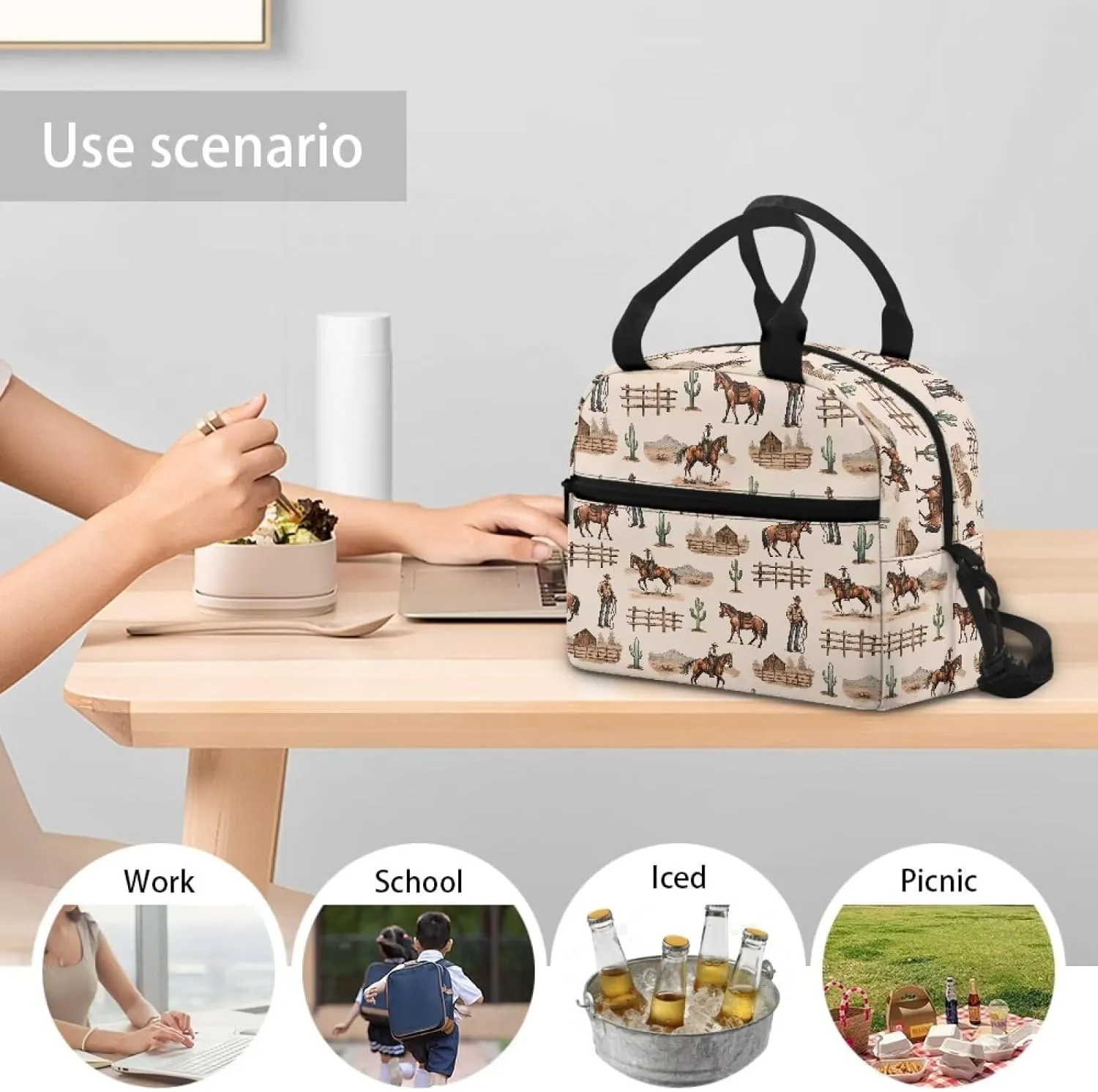 Custom Western Cowboy Lunch Bag Insulated Lunch Box for Kids Women Personalized Horse Southwestern Lunchbag Reusable Lunch Tote Bag Bento Cooler Bag Lunchbox for Boys Men School Picnic