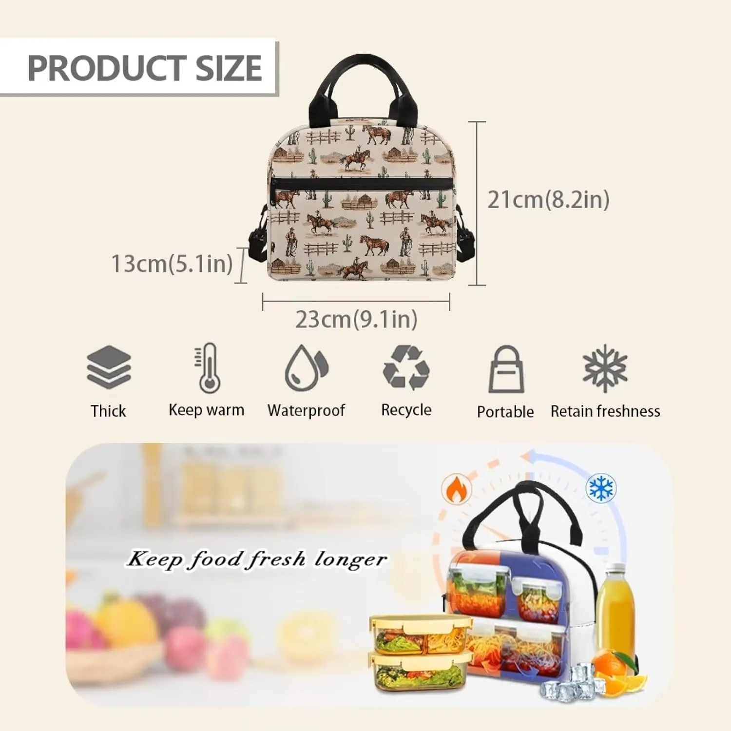 Custom Western Cowboy Lunch Bag Insulated Lunch Box for Kids Women Personalized Horse Southwestern Lunchbag Reusable Lunch Tote Bag Bento Cooler Bag Lunchbox for Boys Men School Picnic