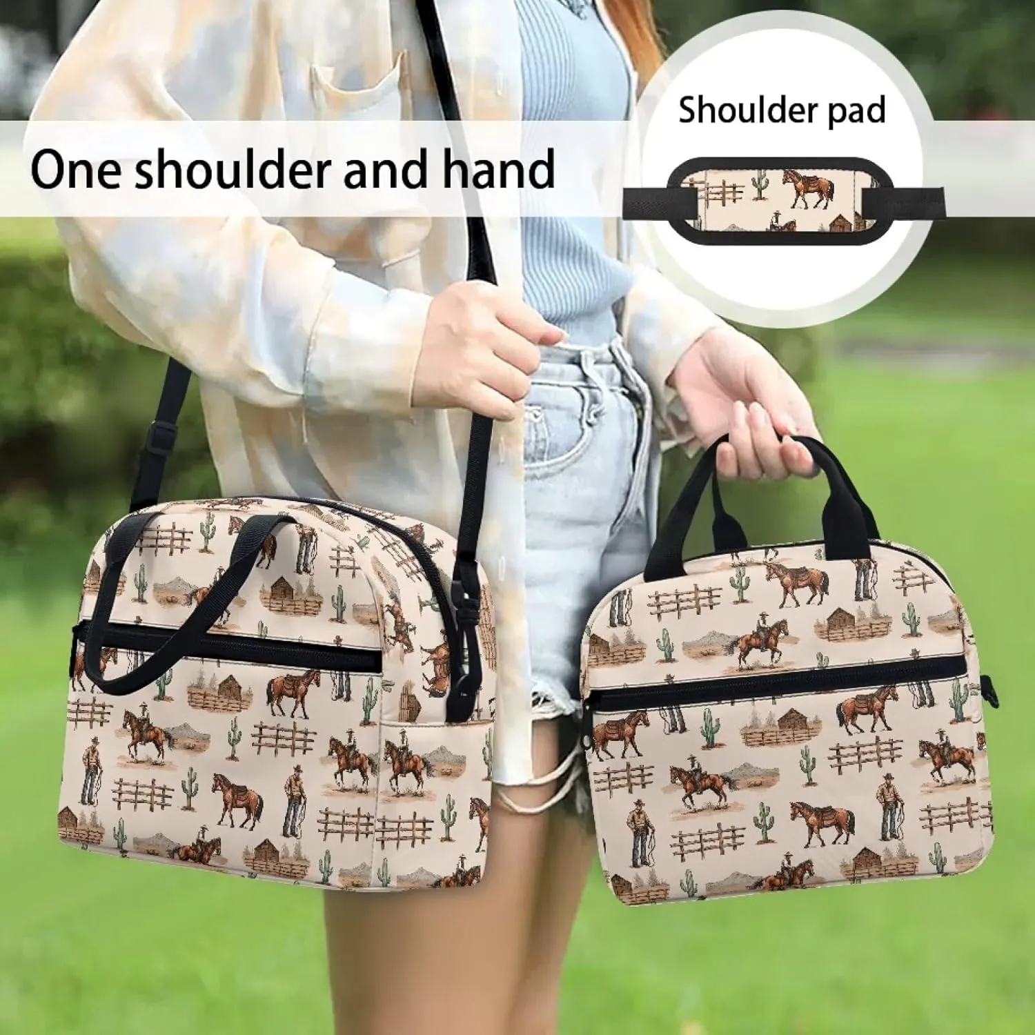 Custom Western Cowboy Lunch Bag Insulated Lunch Box for Kids Women Personalized Horse Southwestern Lunchbag Reusable Lunch Tote Bag Bento Cooler Bag Lunchbox for Boys Men School Picnic